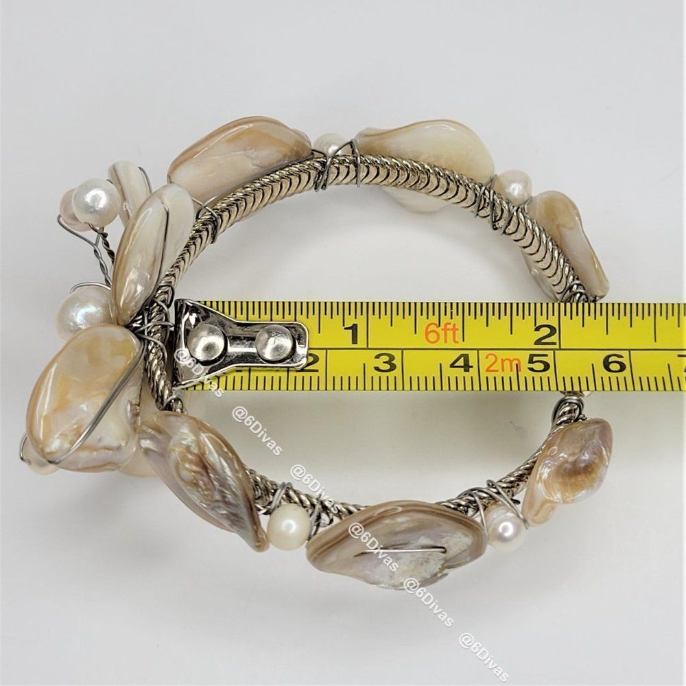 𝅺CREAM and Beige Sea Shell and Pearls Adjustable Cuff  Bracelet - Picture 6 of 10